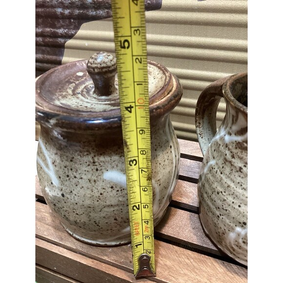 Art Pottery Creamer & Sugar Stoneware Brown Earth Tones White Drip Glaze Accent - Picture 15 of 15
